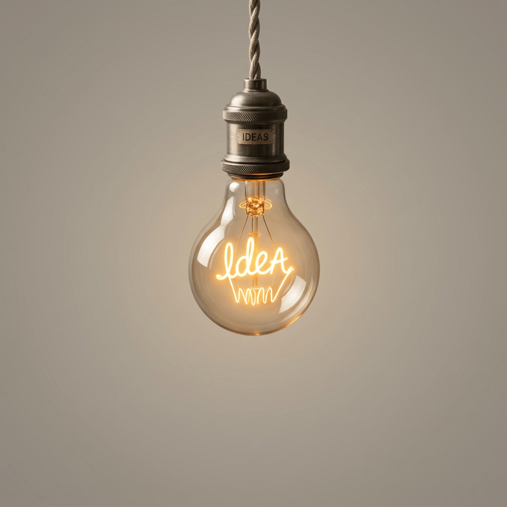 Glowing light bulb labeled IDEAS above notebooks and innovation sketches