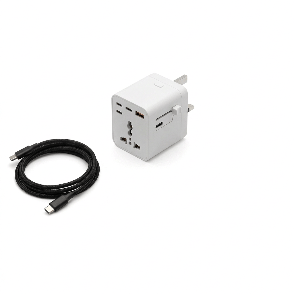 White Travel Easy universal adapter with USB ports and three charging cables