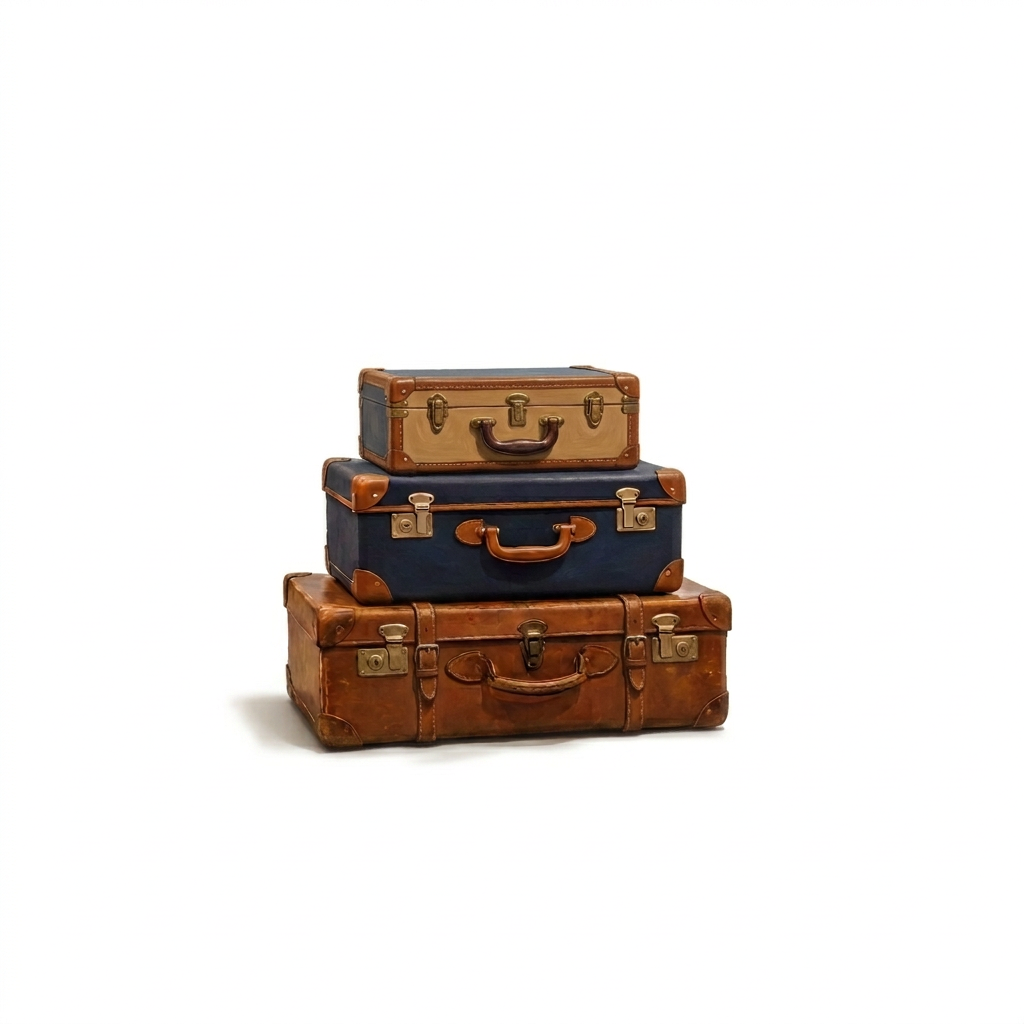 Stacked suitcases labeled Japan, Canada, England, Germany, France, Spain, Italia, and Greece