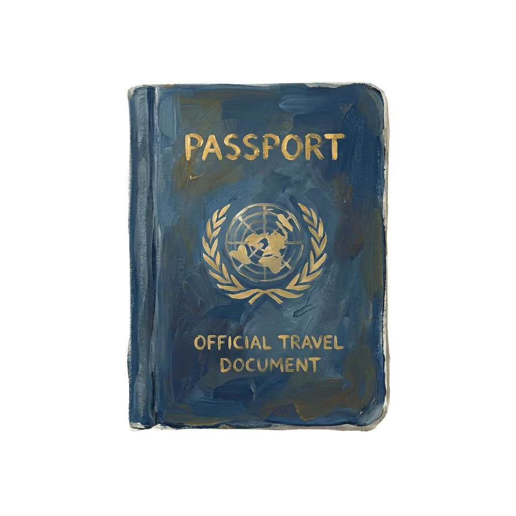 Blue passport labeled “PASSPORT” and “OFFICIAL TRAVEL DOCUMENT”