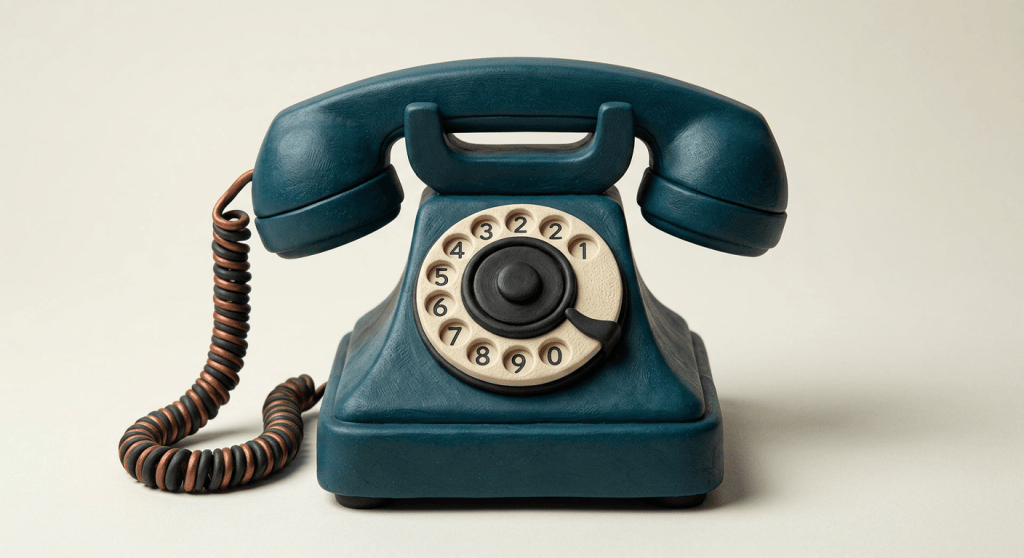 Turquoise rotary telephone with orange coiled cord and numbered dial