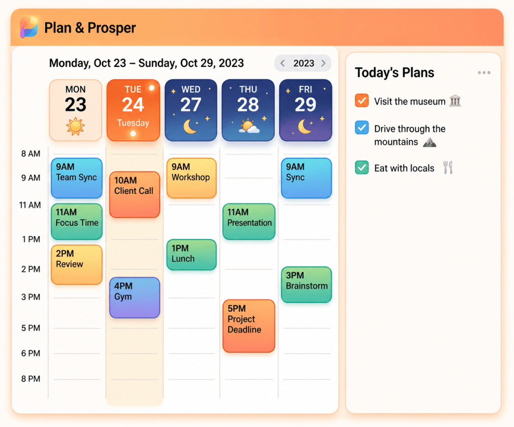 Digital weekly planner showing appointments, tasks, and project progress