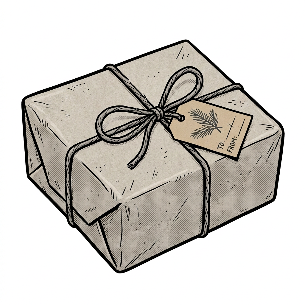 Wrapped gift with ribbon and botanical To and From tag
