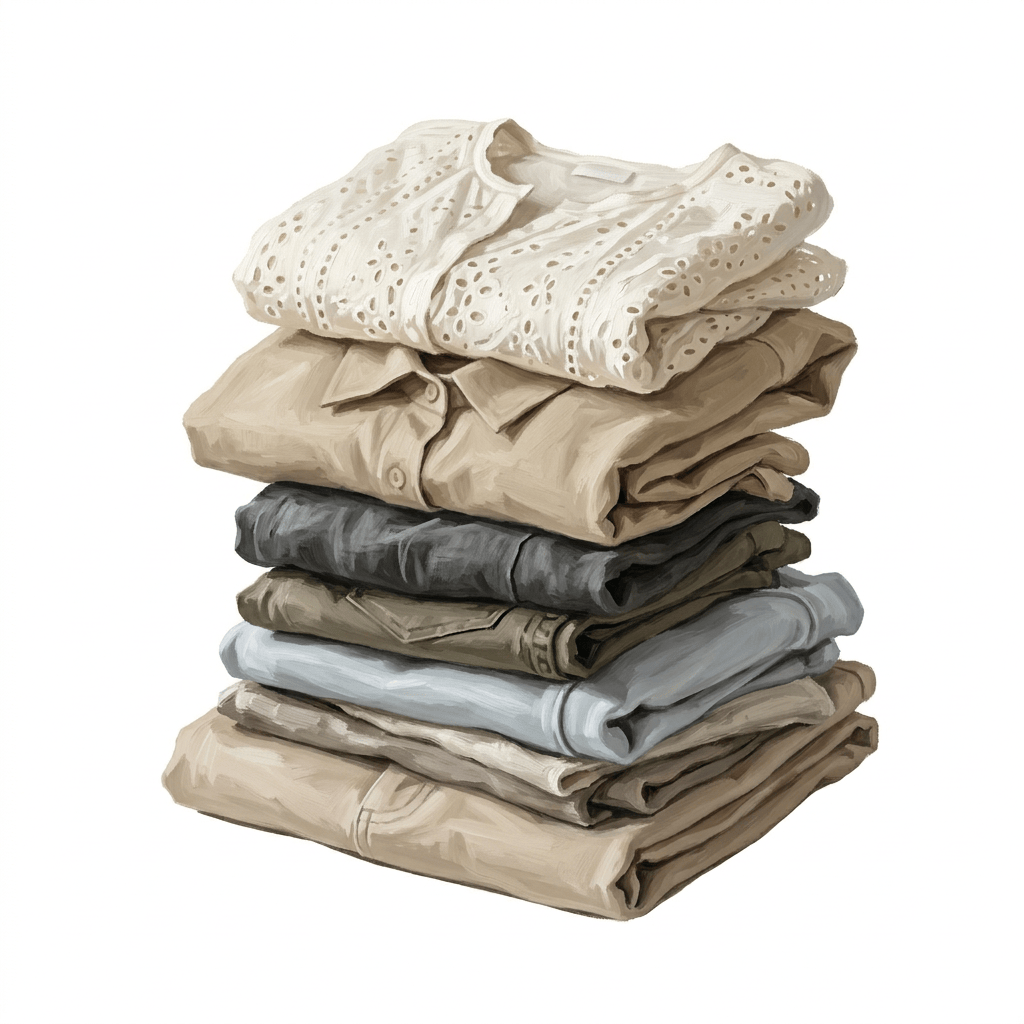 Stack of folded clothes on a rumpled bed